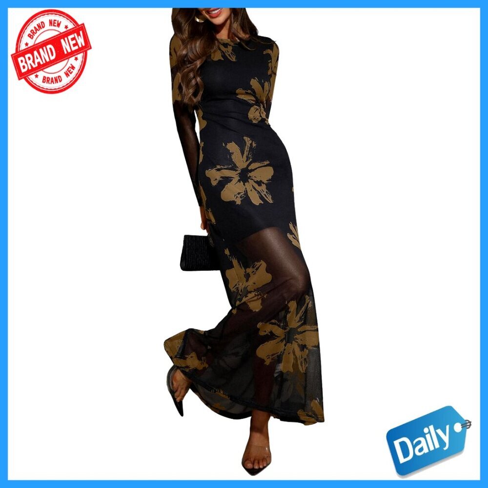 Floral Mesh Maxi Dress Elegant Formal Long Sleeve Wedding Guest Cocktail